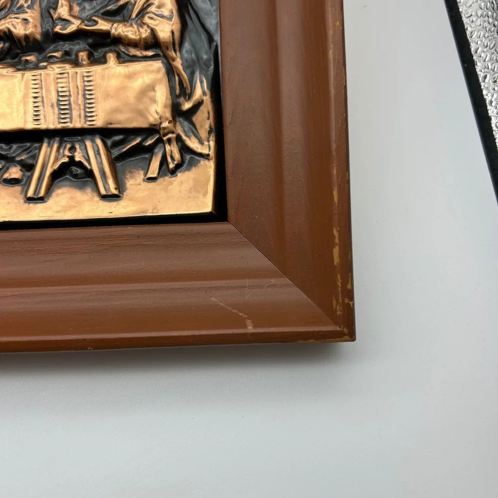 Vintage Copper Relief The Last Supper 3D Metal‎ Wall Art Plaque Framed Religious